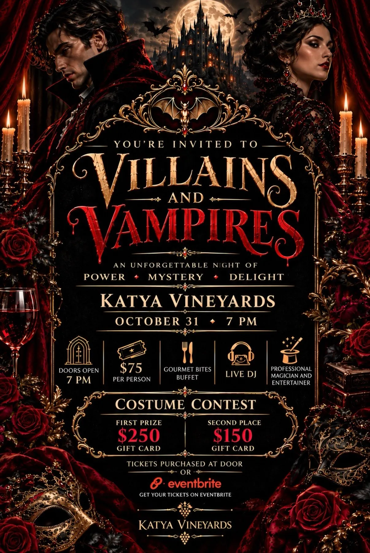 Villains and Vampires Halloween party poster for Katya Vineyards, October 31 at 7 PM: $75 per person, gourmet bites buffet, live DJ, professional magician, and a costume contest
